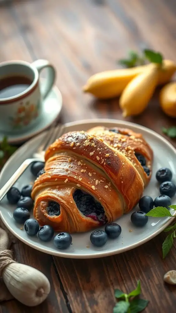 Blueberry croissant breakfast bake with cardamom spice served on a plate.