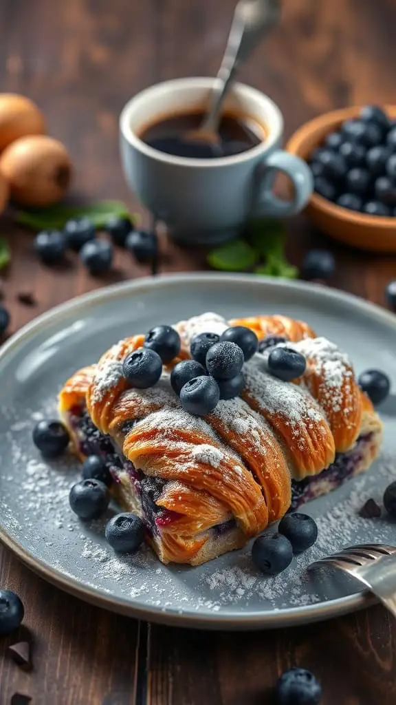 A delicious blueberry croissant breakfast bake topped with fresh blueberries and powdered sugar.