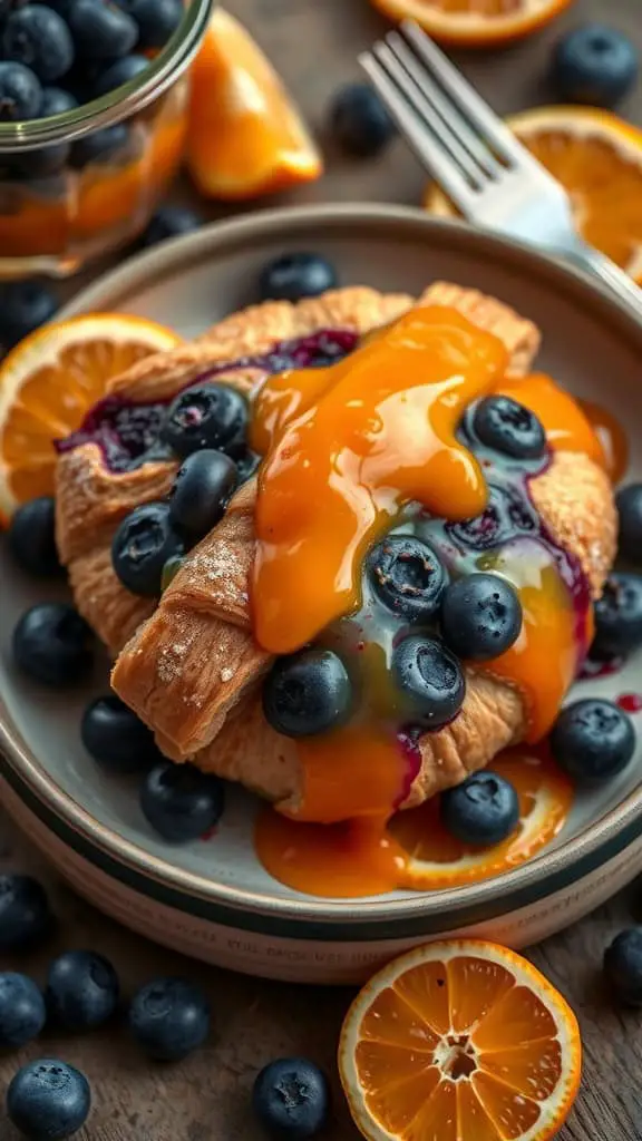 A delicious blueberry croissant breakfast bake topped with orange marmalade.