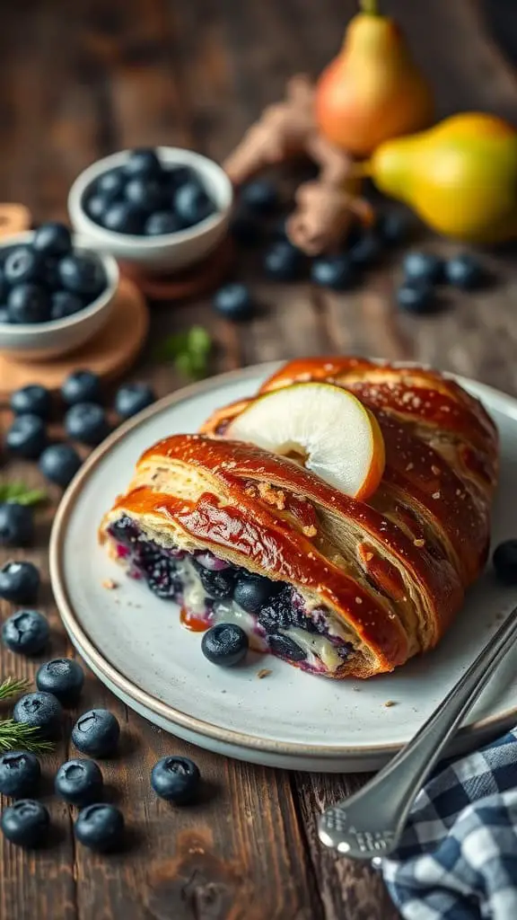 A slice of blueberry croissant breakfast bake on a plate, surrounded by fresh blueberries and pears.