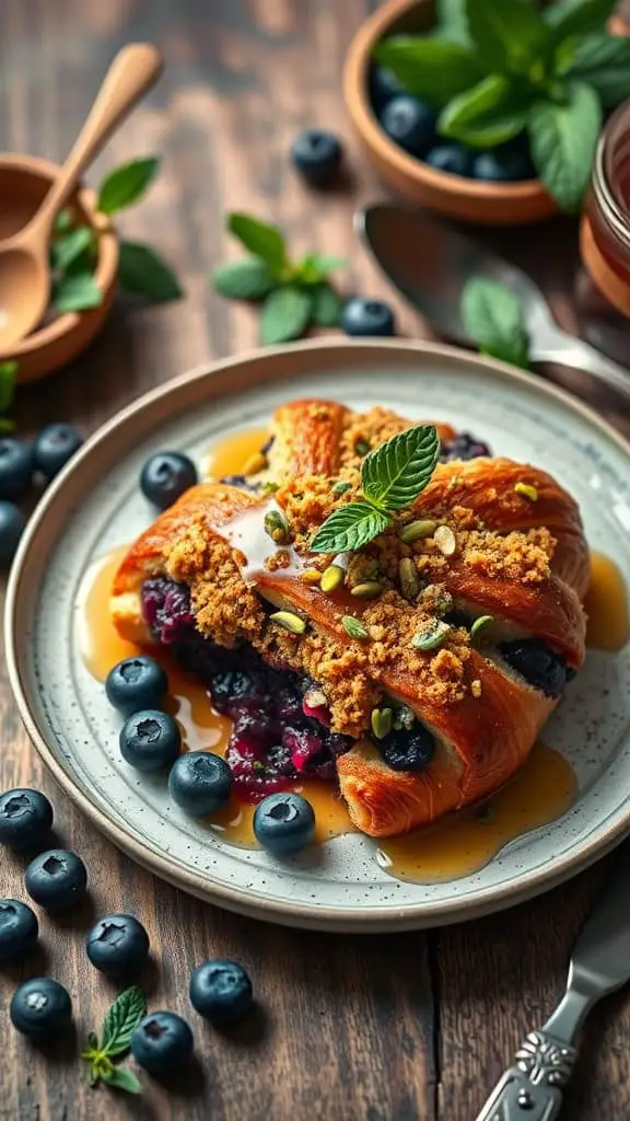 Delicious blueberry croissant breakfast bake topped with pistachio crumble.