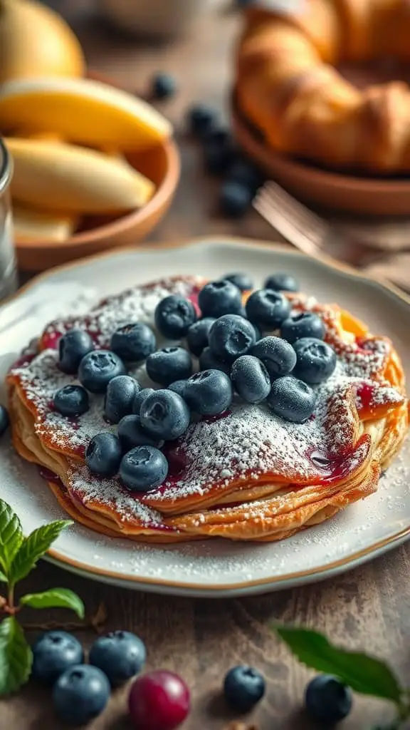 A delicious blueberry croissant breakfast bake topped with fresh blueberries and powdered sugar.