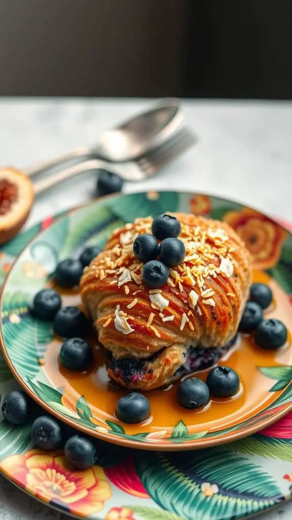 Delicious blueberry croissant breakfast bake topped with toasted coconut flakes