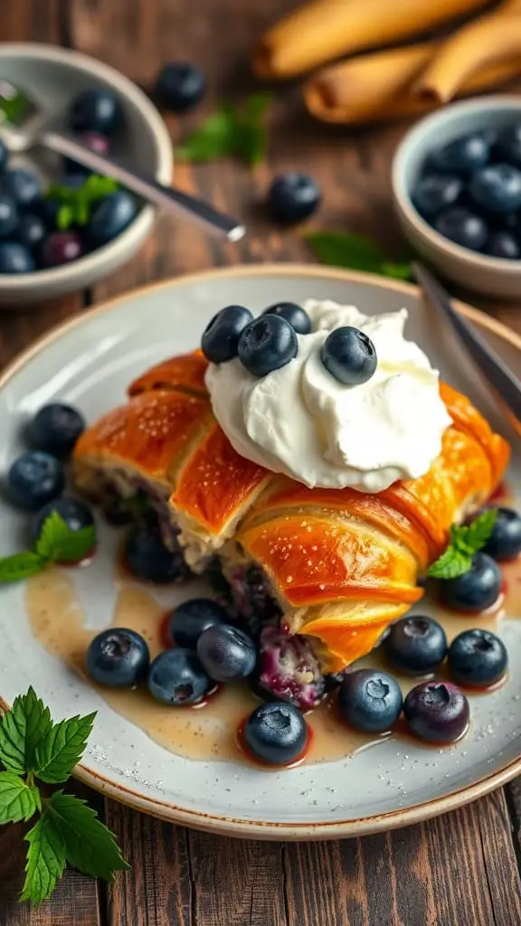 A delicious blueberry croissant breakfast bake topped with whipped cream and fresh blueberries.