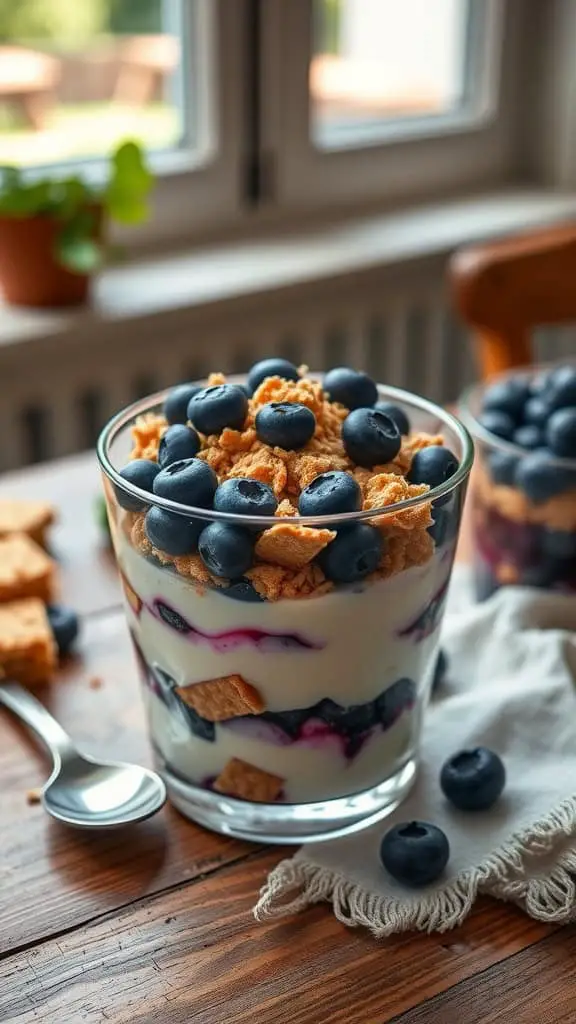 Blueberry crunch parfait with layers of yogurt, blueberries, and crushed graham crackers