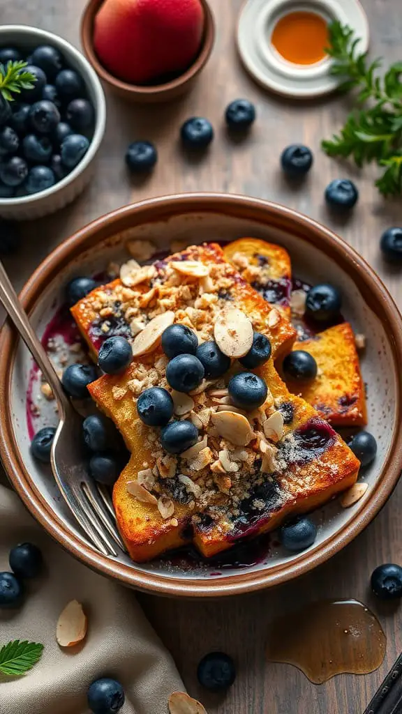 A plate of Blueberry French Toast Bake topped with almonds and blueberries.