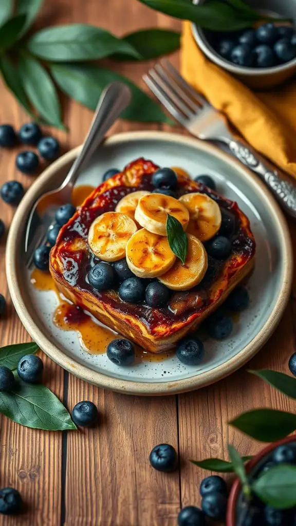 A delicious serving of Blueberry French Toast Bake topped with caramelized bananas.