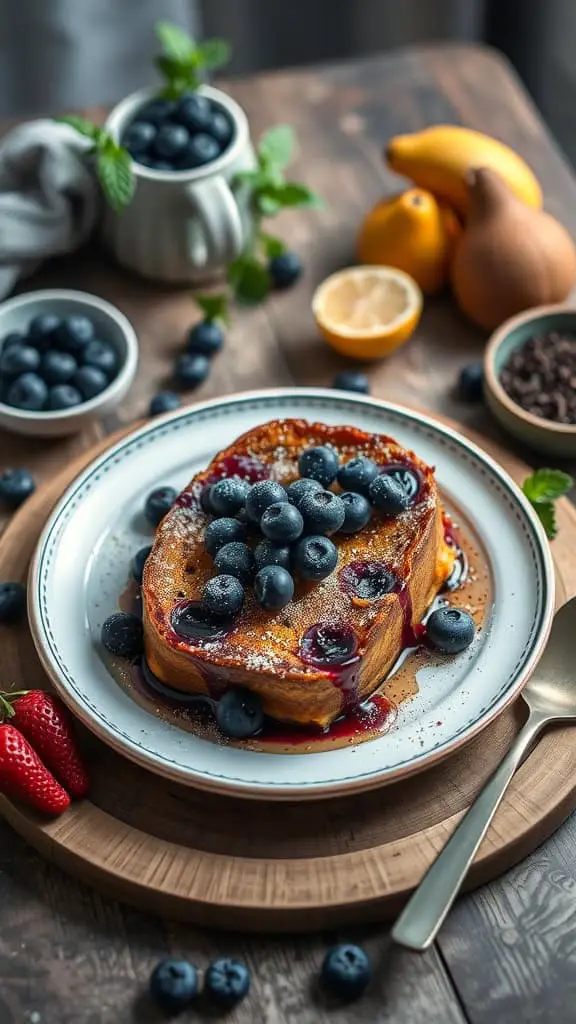 Delicious Blueberry French Toast Bake topped with fresh blueberries and syrup