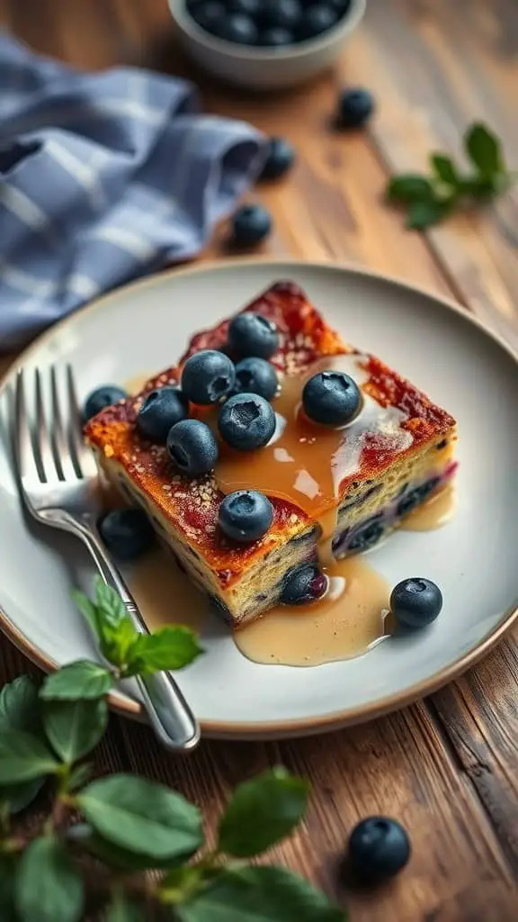 A delicious serving of blueberry french toast bake topped with fresh blueberries and syrup.