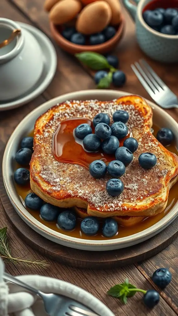 Delicious blueberry french toast bake with syrup and cinnamon sugar dusting.