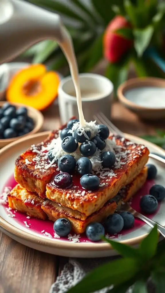 Blueberry French Toast Bake with coconut milk topped with blueberries and coconut flakes.