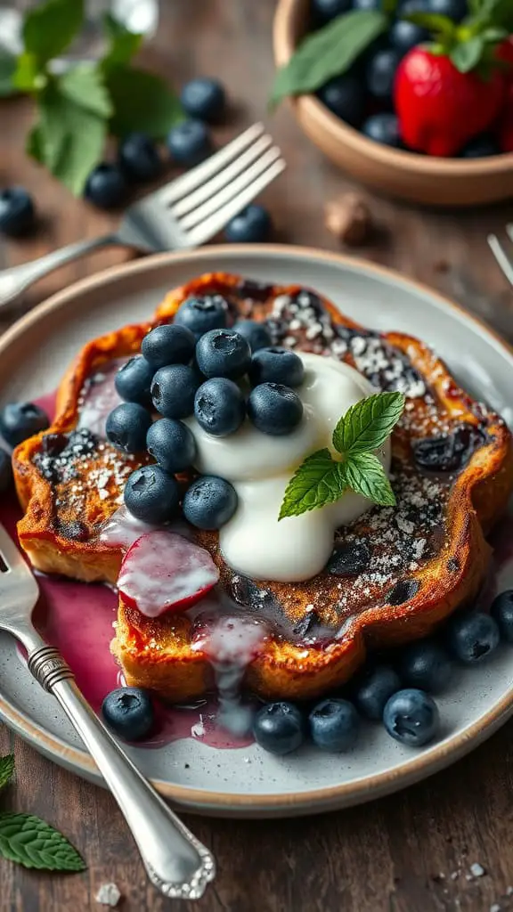 Blueberry French Toast Bake with crème fraîche drizzle, topped with blueberries and mint.