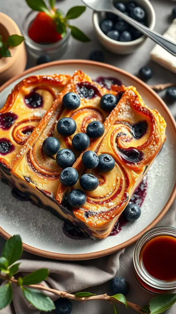 Blueberry French Toast Bake with cream cheese swirls on a plate, garnished with fresh blueberries.