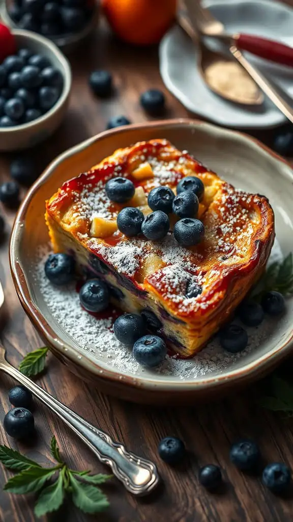 A delicious slice of blueberry French toast bake topped with fresh blueberries and powdered sugar.