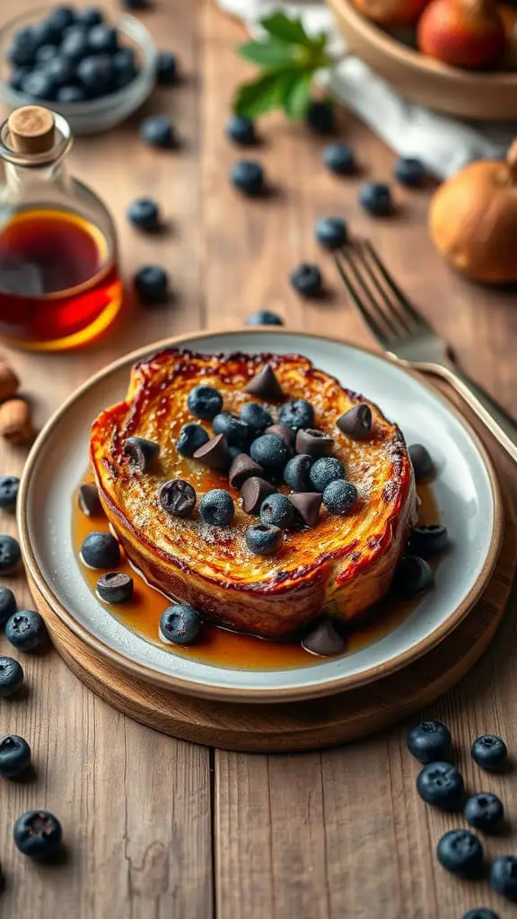 A serving of blueberry french toast bake topped with dark chocolate chips and blueberries