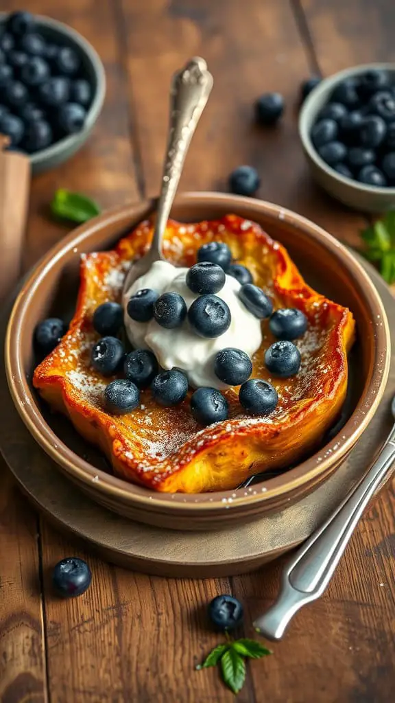 Blueberry French Toast Bake with Greek Yogurt topping topped with fresh blueberries