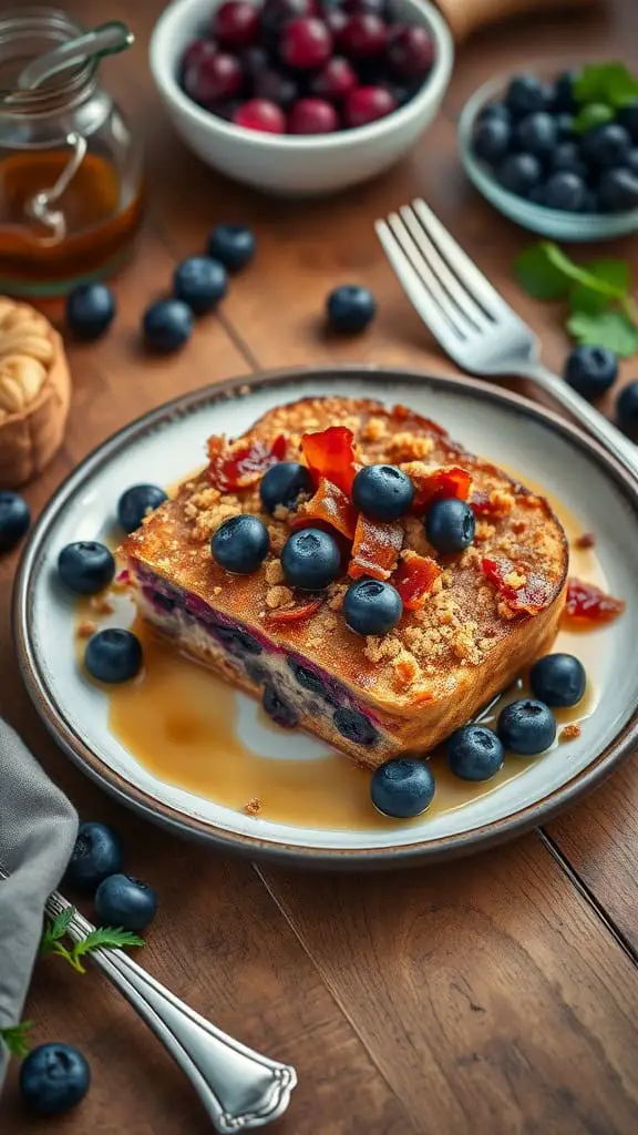 A delicious serving of blueberry french toast bake topped with maple bacon streusel, served with fresh blueberries.