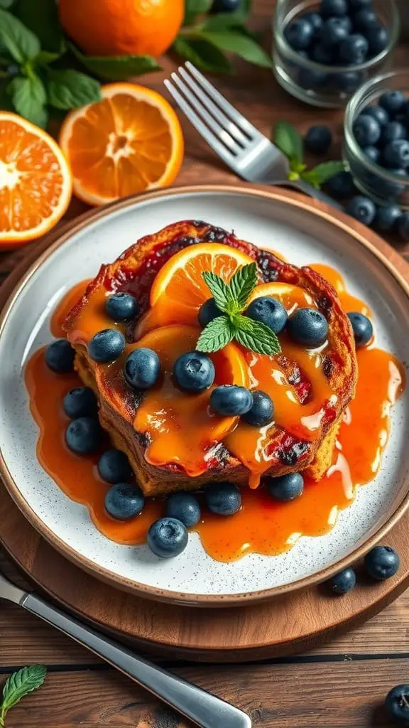 A delicious serving of Blueberry French Toast Bake with orange glaze.