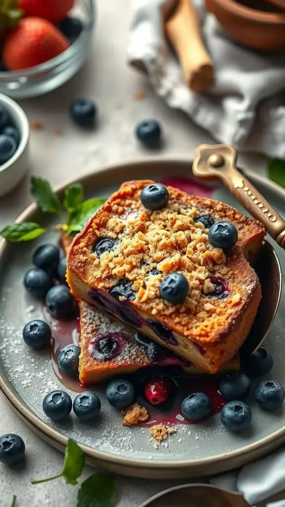 A delicious slice of blueberry French toast bake topped with streusel and fresh blueberries.