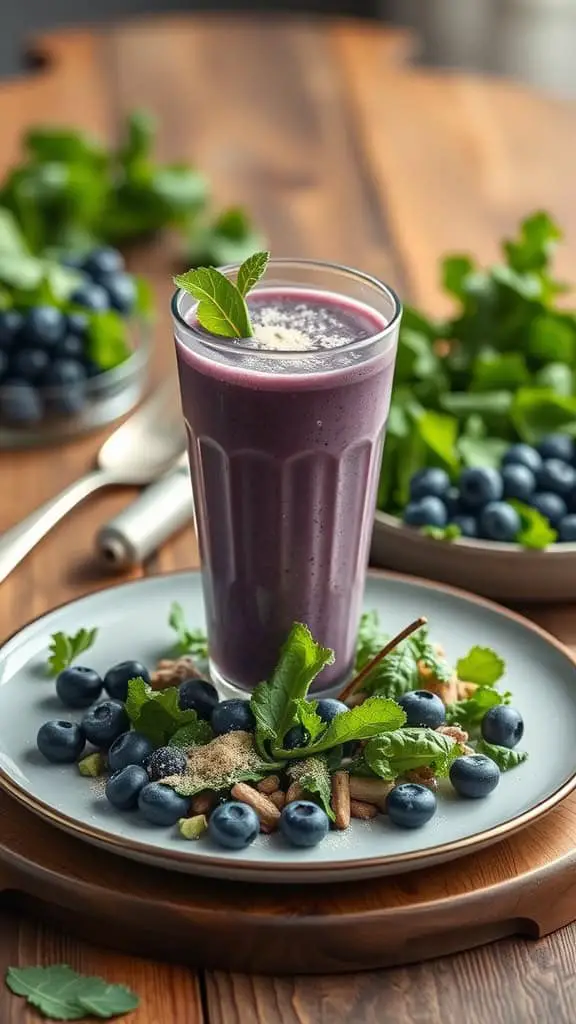 A delicious blueberry kale protein shake in a glass, surrounded by fresh blueberries and kale leaves.