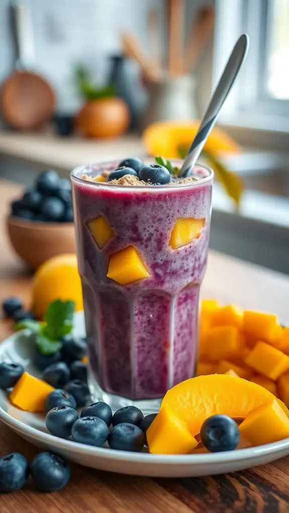 A delicious blueberry mango protein shake garnished with blueberries and mango chunks.