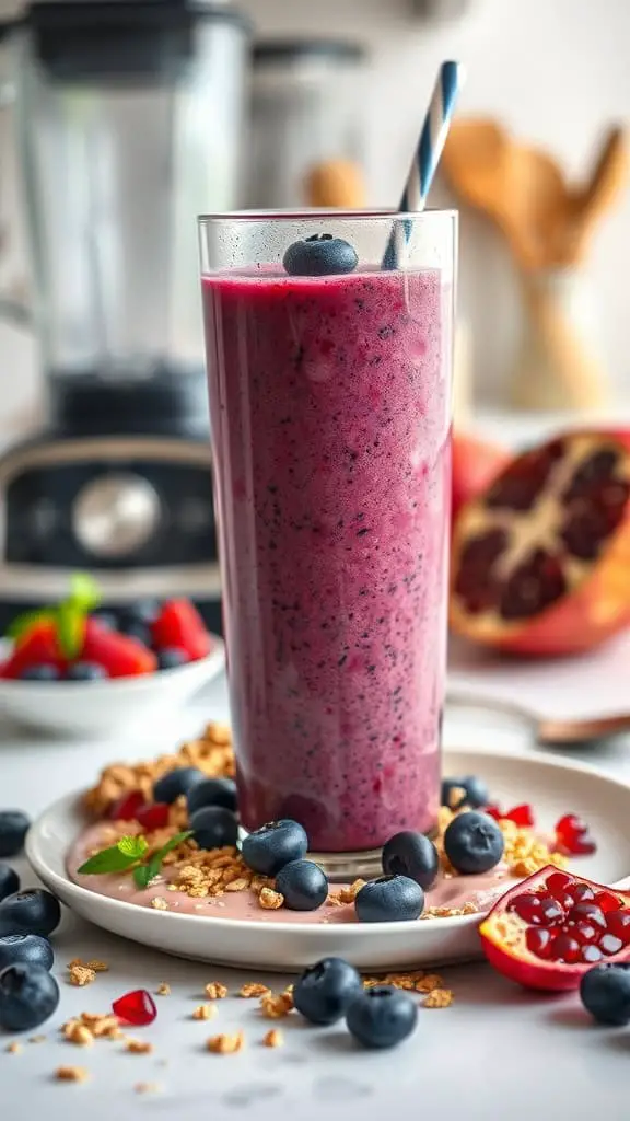 A refreshing Blueberry Pomegranate Protein Shake in a tall glass, garnished with blueberries.