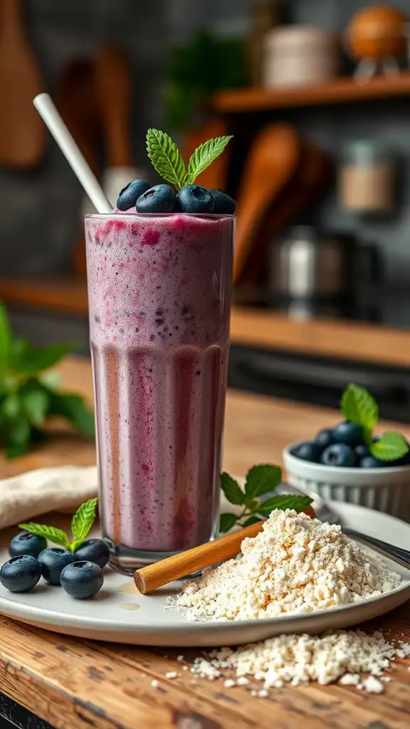 Blueberry protein shake with honey and vanilla protein powder