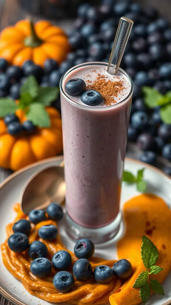 Blueberry Pumpkin Protein Shake in a glass with blueberries and pumpkin puree around it