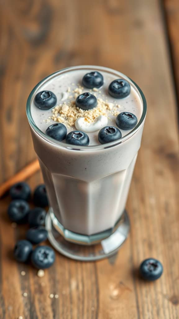 A refreshing blueberry vanilla protein shake in a glass, surrounded by blueberries and a carton of almond milk.