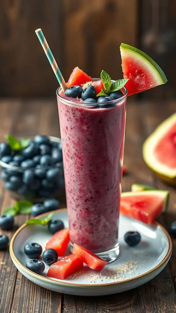 A refreshing blueberry watermelon protein shake in a tall glass, garnished with mint and watermelon slices.