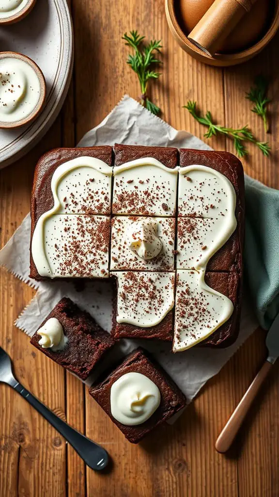 Delicious box brownies topped with creamy frosting on a wooden table.