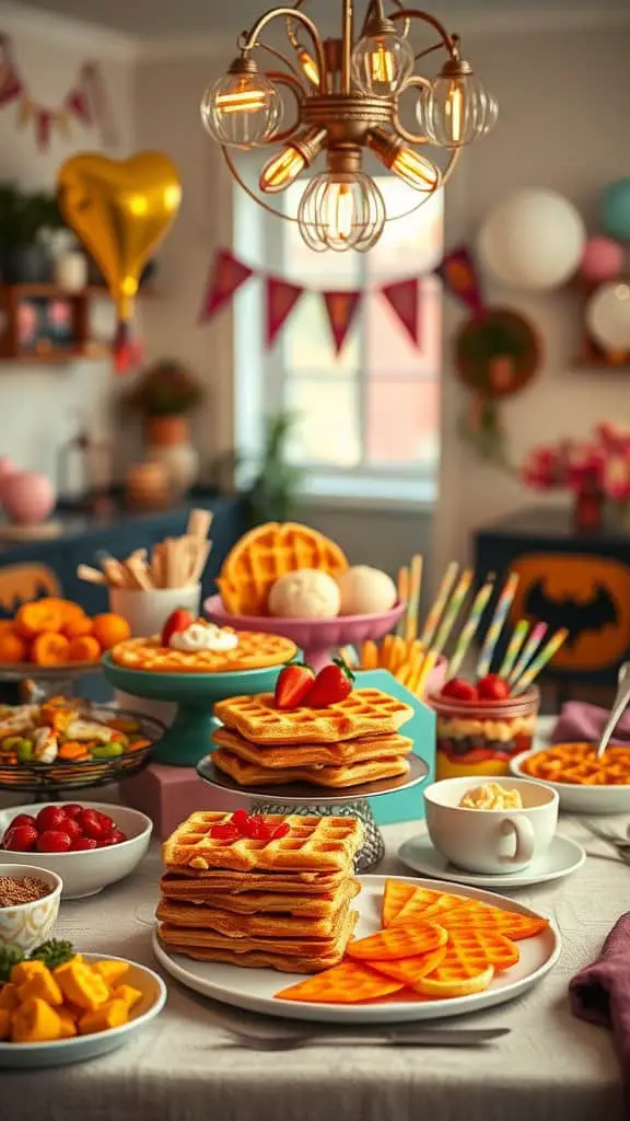 A beautifully arranged waffle bar for a breakfast-for-dinner party, featuring stacks of waffles, fresh fruits, and various toppings.