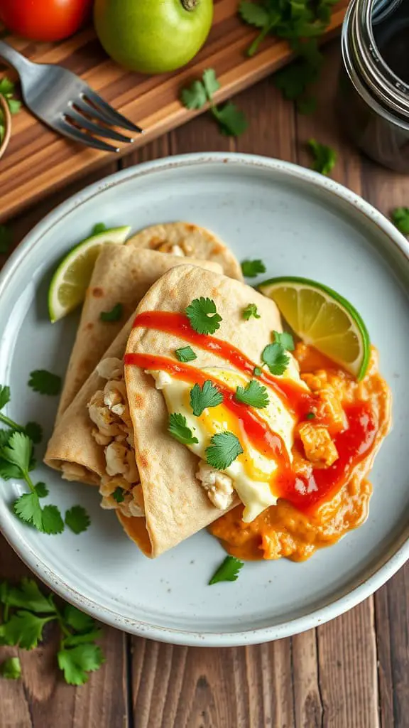 Scrambled eggs with cottage cheese wrapped in tortillas served with salsa on a plate