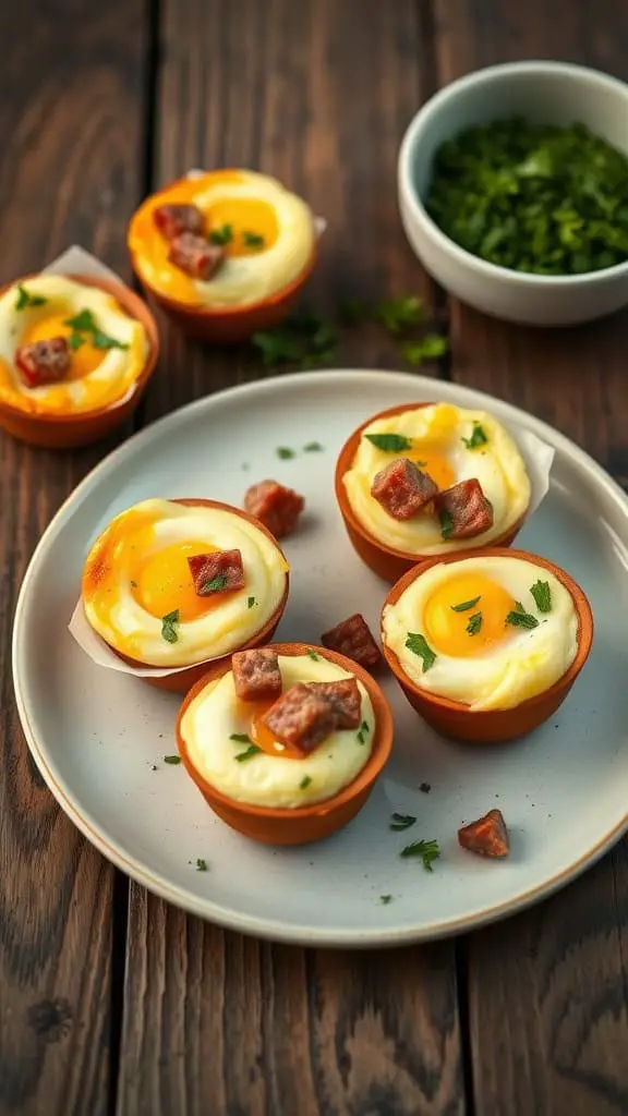 Mini egg muffins with sausage and onion on a plate