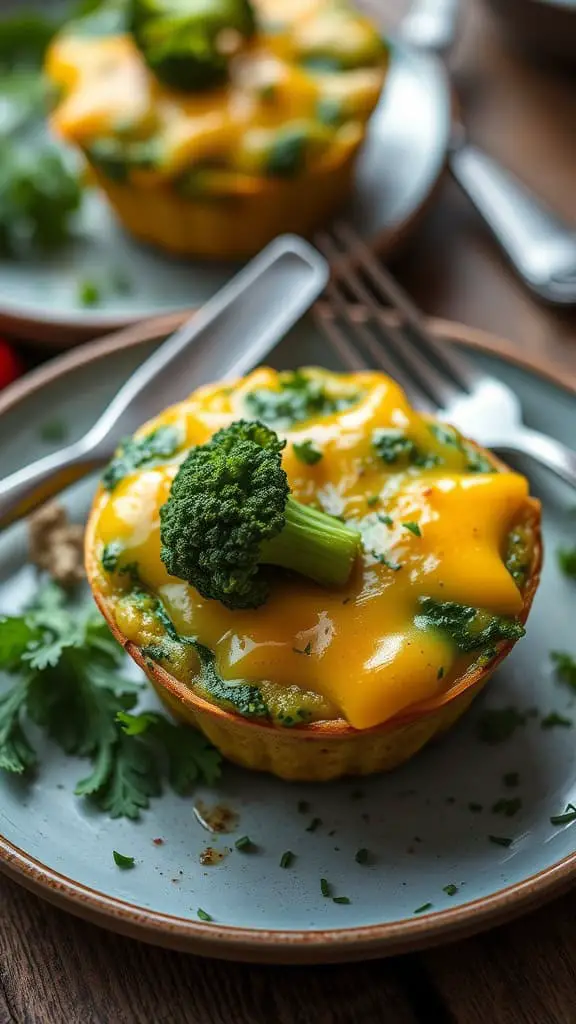 Broccoli and Cheddar Keto Egg Muffins topped with a piece of broccoli