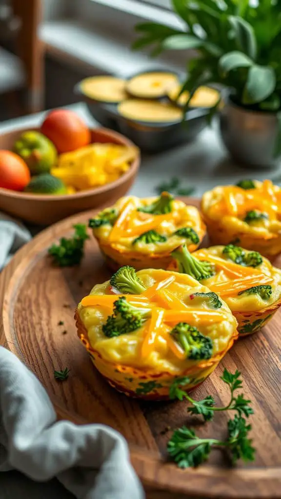 Broccoli and cheese breakfast egg muffins on a wooden platter