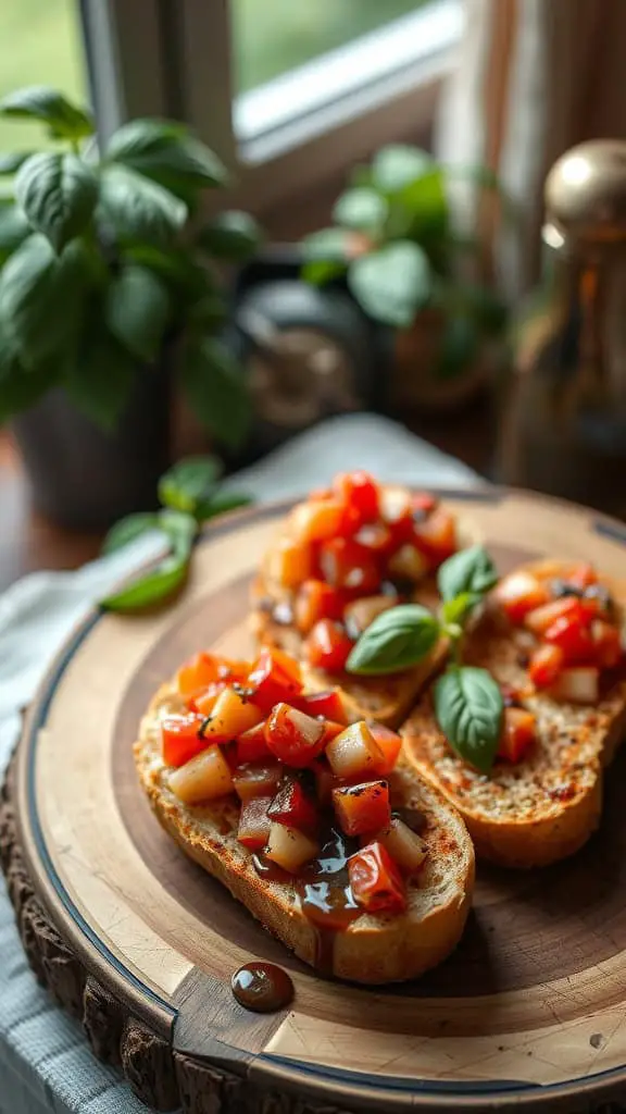 Toasted baguette slices topped with diced tomatoes and basil, drizzled with balsamic glaze.