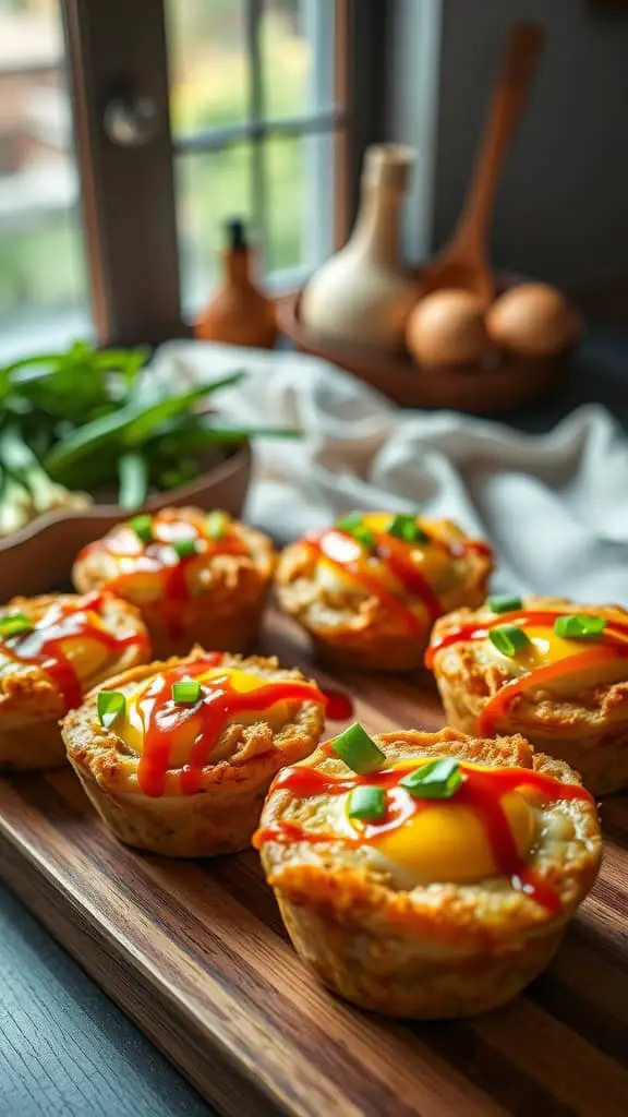 Buffalo Chicken Breakfast Egg Muffins with toppings