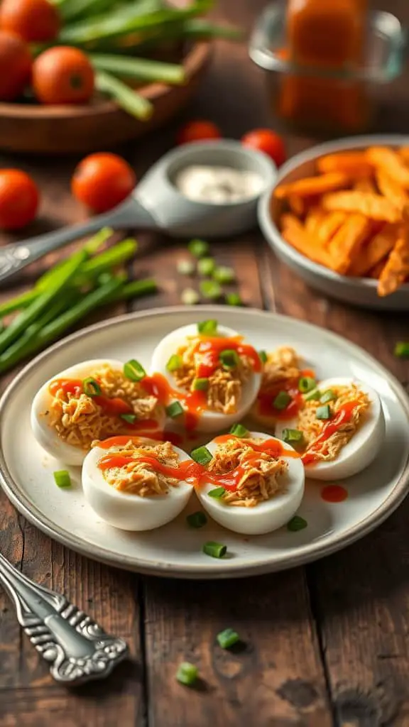 Buffalo Chicken Egg White Bites with sauce and green onions on a plate