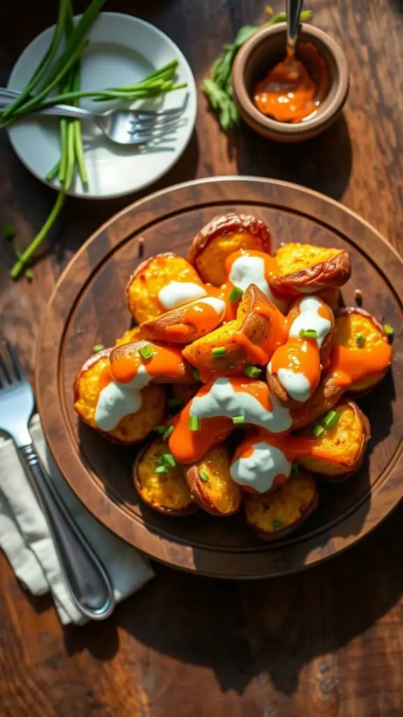 Crispy smashed potatoes topped with buffalo sauce, ranch drizzle, and chives