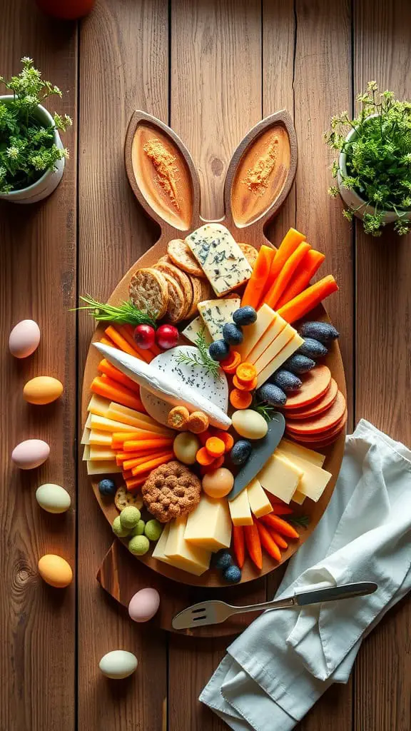 A bunny-shaped charcuterie board featuring assorted cheeses, crackers, and baby carrots arranged in a playful design.