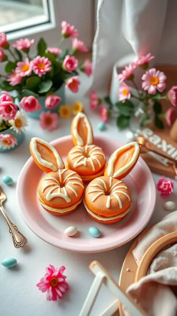 Bunny Ear Donuts decorated with white chocolate and festive colors.