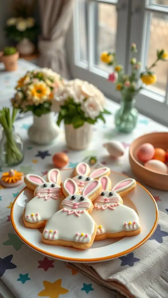 Cute bunny sugar cookies decorated with pastel frosting and sprinkles on a plate.