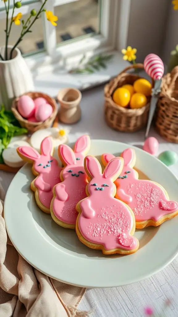 Decorated bunny sugar cookies on a plate, perfect for Easter.