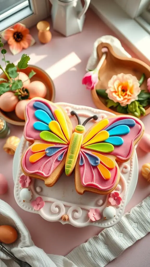 Butterfly-shaped cookie cake decorated with colorful icing and edible glitter.