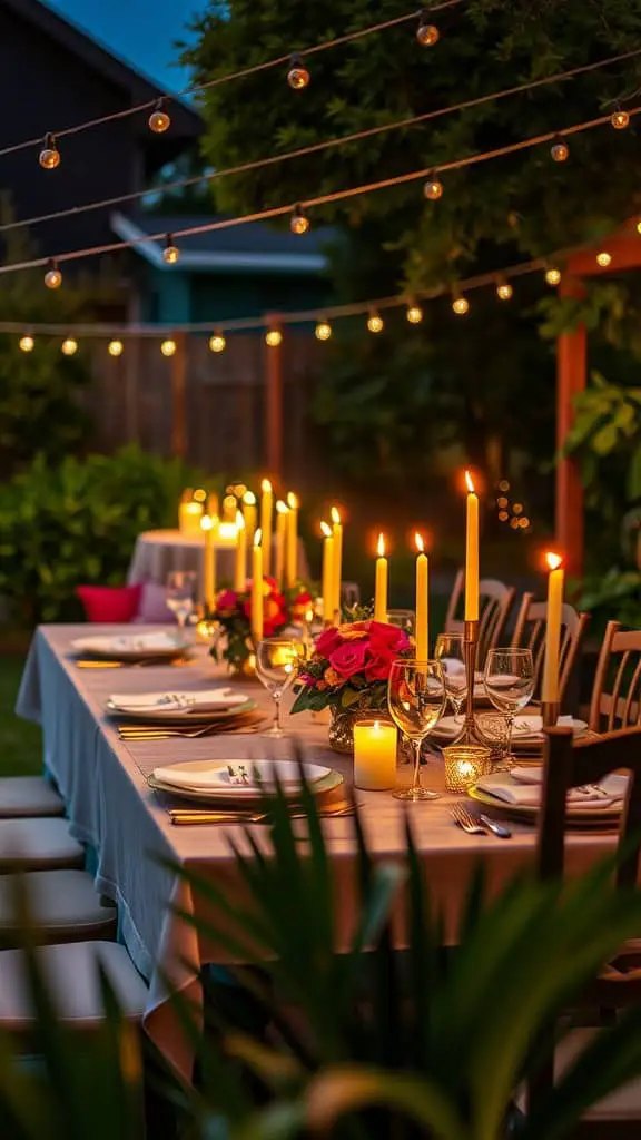 A beautifully arranged candlelit dinner table set in a backyard, complete with flowers, candles, and twinkling lights.