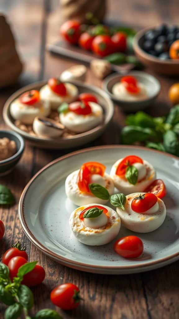 Delicious Caprese Egg White Bites with cherry tomatoes, mozzarella, and basil