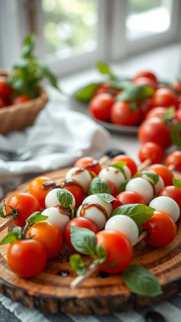 Caprese Salad Skewers made with cherry tomatoes, mozzarella balls, and basil on a wooden platter.