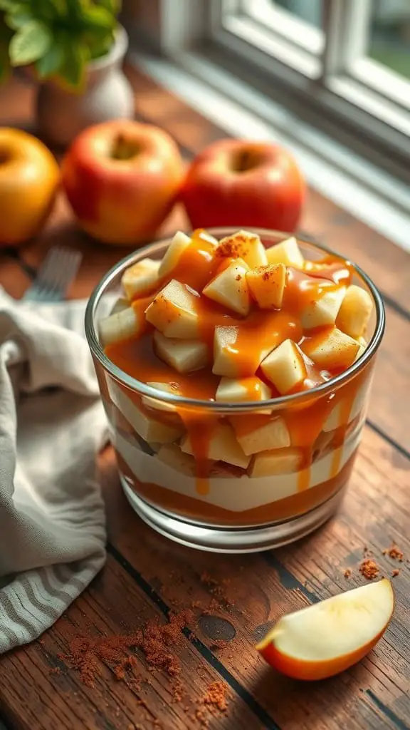 A delicious caramel apple yogurt parfait with diced apples and caramel drizzle.