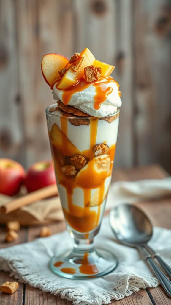 Caramel apple parfait in a glass with yogurt, apples, caramel, and whipped cream.